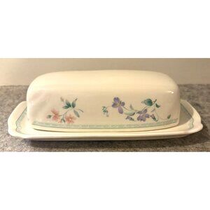Felicity Covered Butter Dish White W/ Flowers and Green Trim  8.5" x 4.25"  # 31